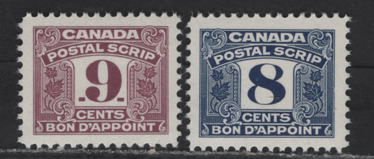 Lot 168 Canada Van Dam#FPS48-49 8c - 9c Blue - Reddish Purple Numeral, 1967 Third Postal Scrip Issue, 2 VFNH Singles, DF1 Paper