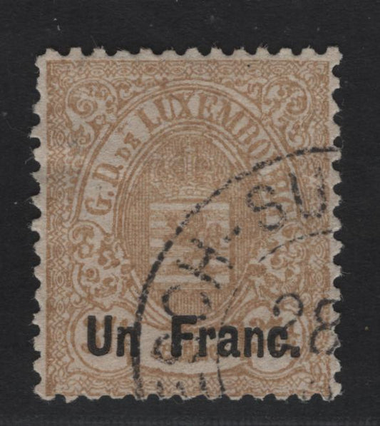 Lot 17 Luxembourg SC#39 1fr on 37.5c Bistre Brown Arms, 1875-1879 Arms Issue, A Very Fine Used Single, Narrow Margins, Perf 13, Luxemboug Printings.