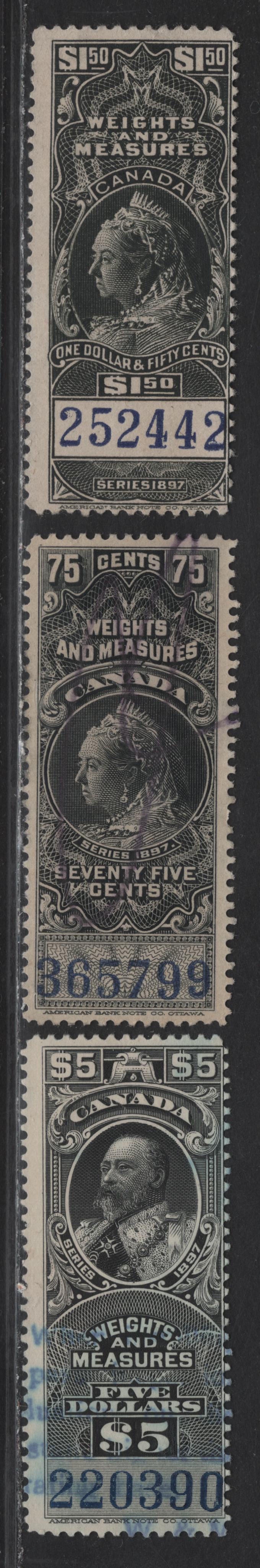 Lot 171 Canada (C) Van Dam#FWM50, FWM52, FWM55 75c - $5 Black Queen Victoria, 1897 Weights & Measures Issue, 3 Fine/Very Fine Used Singles, Blue Control Numbers