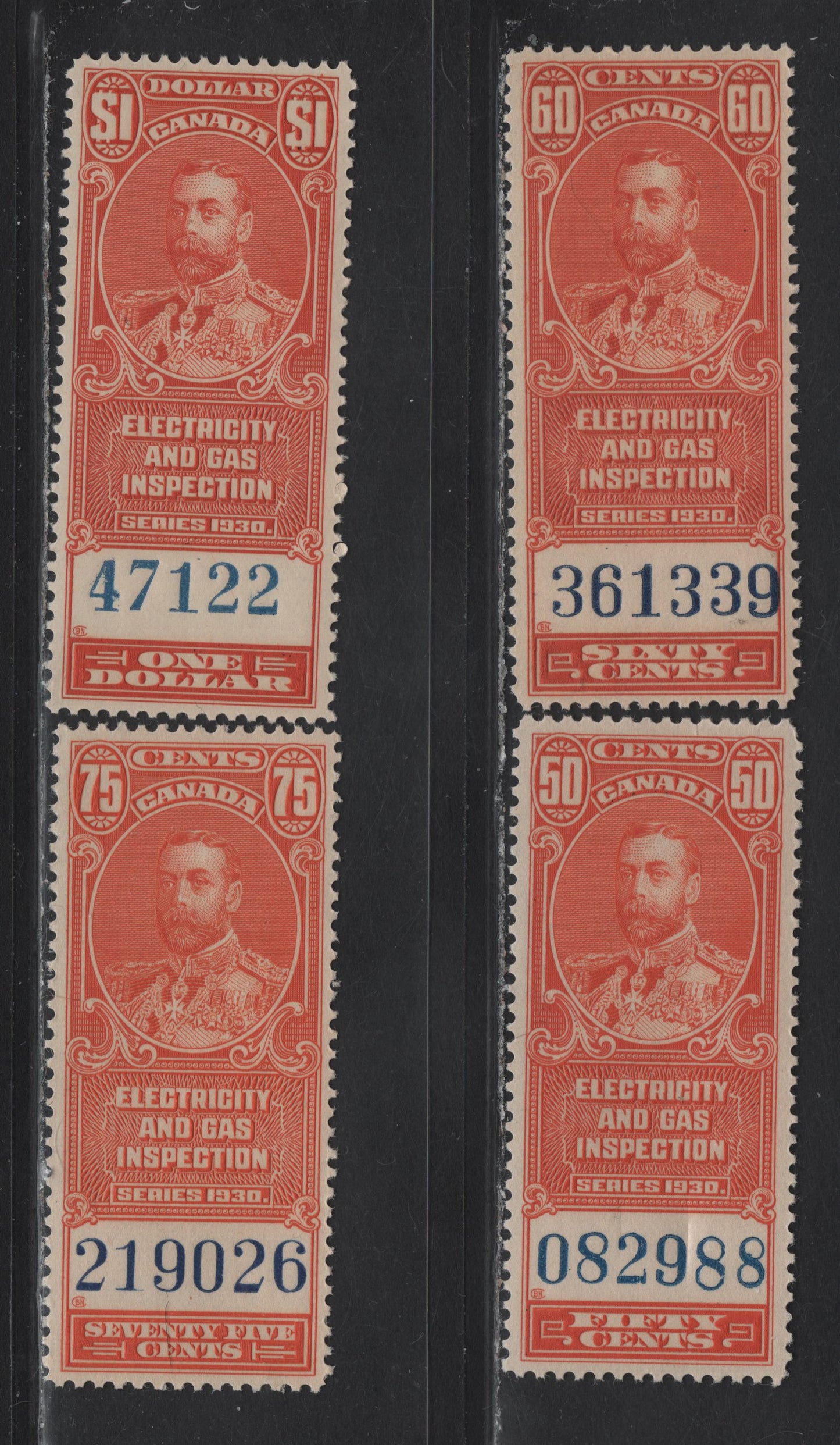 Lot 172 Canada (C) Van Dam#FEG1-FEG4 50c - $1 Vermillion King George V, 1930 Electricity & Gas Inspection Issue, 4 VFNH Singles