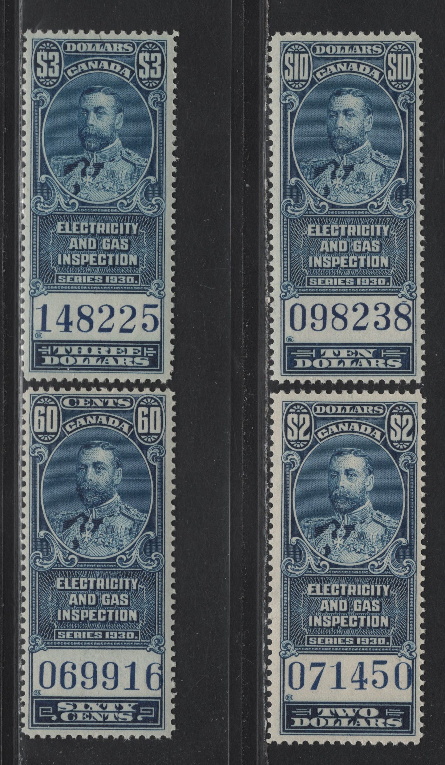Lot 173 Canada (C) Van Dam#FEG8-FEG11 60c - $10 Blue King George V, 1930 Electricity & Gas Inspection Issue, 4 VFNH Singles, The $3 Has A Small Tear At Top