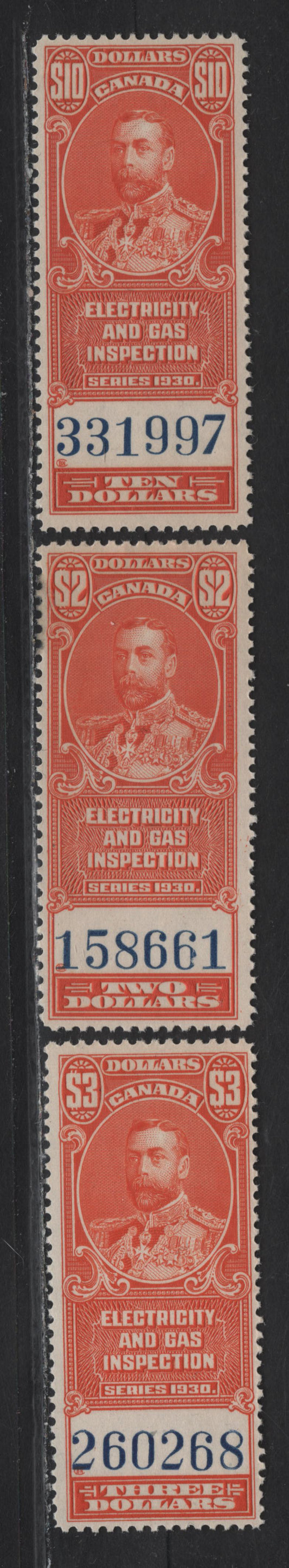 Lot 174 Canada (C) Van Dam#FEG5-FEG7 $2-$10 Vermillion King George V, 1930 Electricity & Gas Inspection Issue, 3 VFNH Singles