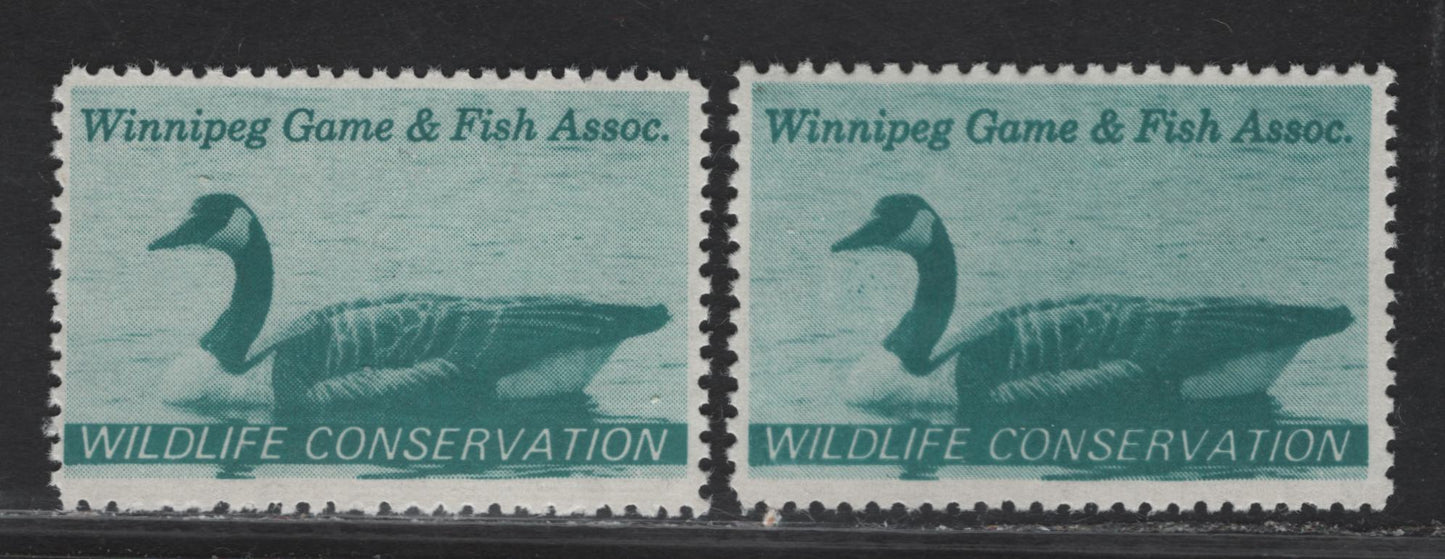 Canada (C) Van Dam#MW1 Turquoise Green Wildlife Conservation, 1967 Winnipeg Game & Fish Association Issue, 2 VFNH Singles, Low Fluorescent Paper