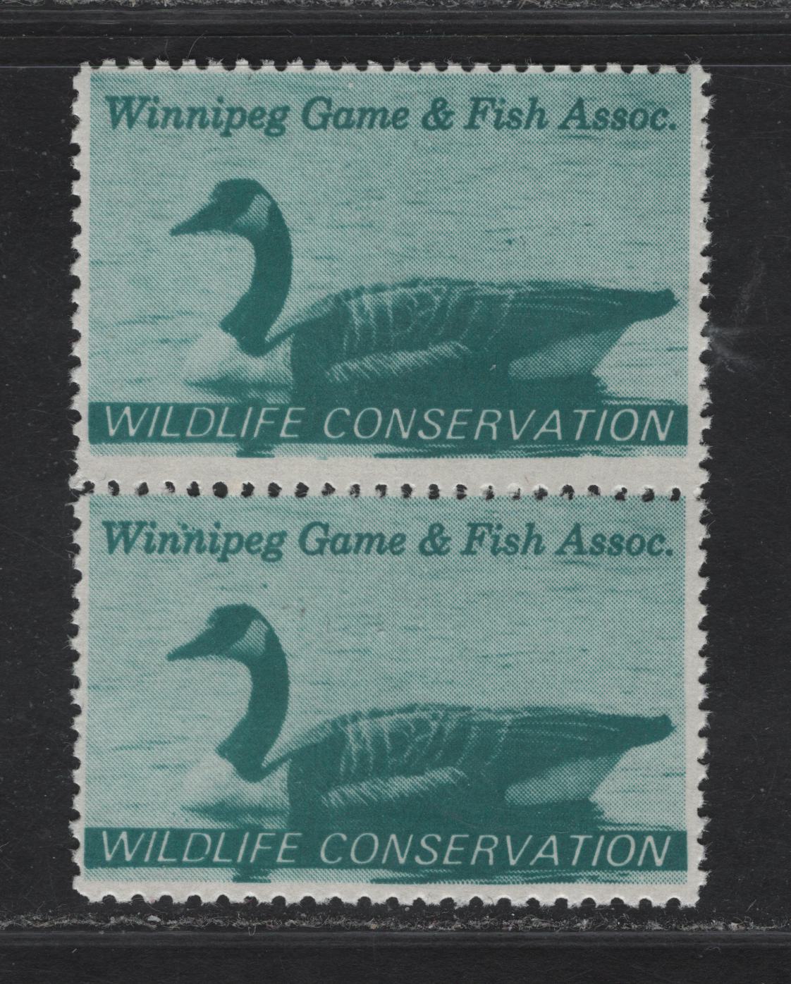 Lot 180 Canada (C) Van Dam#MW1 Turquoise Green Wildlife Conservation, 1967 Winnipeg Game & Fish Association Issue, A FNH Vertical Pair, Fluorescent Paper, One Stamp Is Perf 12.5, Other Is 11.75x12.5