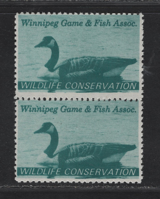 Canada (C) Van Dam#MW1 Turquoise Green Wildlife Conservation, 1967 Winnipeg Game & Fish Association Issue, A FNH Vertical Pair, Fluorescent Paper, One Stamp Is Perf 12.5, Other Is 11.75x12.5