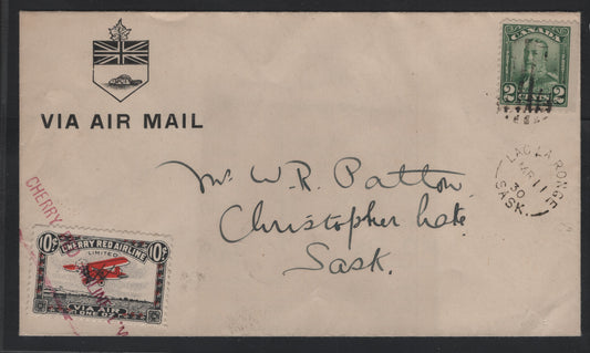 Lot 184 Canada (C) Van Dam#CL46i, 150 10c Red & Black - Green Airplane - King George V, 1929 Cherry Red Airline - Scroll Issues, A Very Fine Used Cover, Franked With 2 Singles, Showing Snow on Wings Variety Due to Minor Color Shift