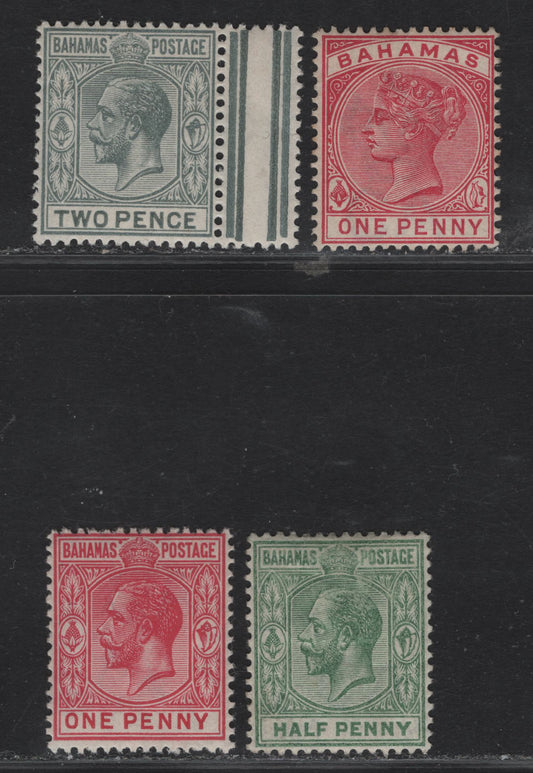 Lot 185 Bahamas (C) SG#48, 81a, 82a, 83 1d - 2d Carmine Rose - Gray Queen Victoria - King George V, 1884-1890 Keyplate Issues, 4 F/VFOG Singles, Multiple Crown CA Wmk