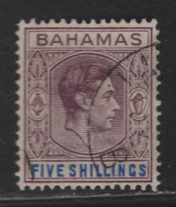 Lot 191 Bahamas (C) SG#156d 5/- Brown Purple & Deep Bright Blue King George VI, 1938-1952 KGVI Keyplates & Pictorial Issues, A Very Fine Used Single, 1948 Printing, Chalky Paper