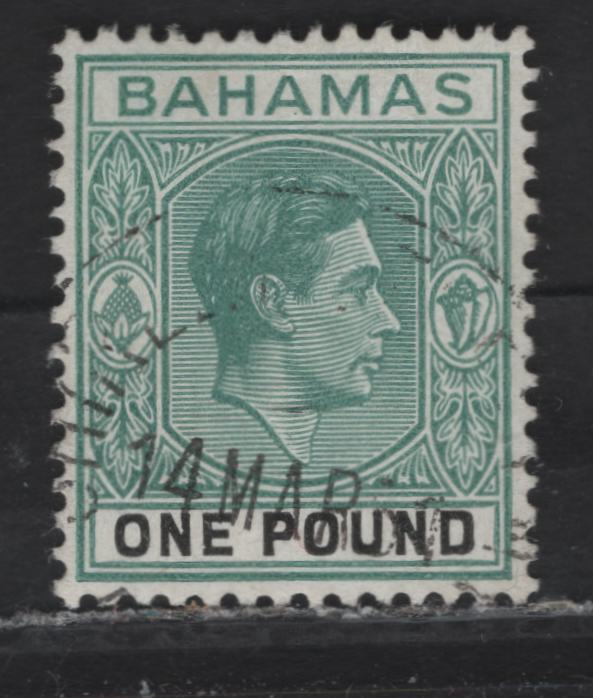 Lot 193 Bahamas (C) SG#157a £1 Blue Green & Black King George VI, 1938-1952 KGVI Keyplates & Pictorial Issues, A Very Fine Used Single, Ordinary Paper
