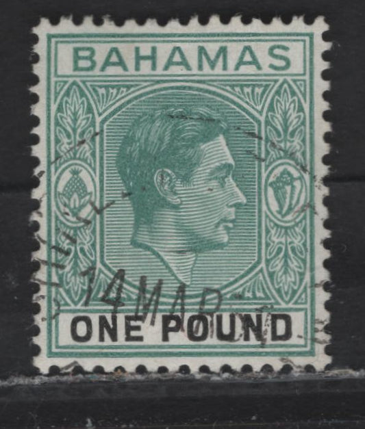 Lot 193 Bahamas (C) SG#157a £1 Blue Green & Black King George VI, 1938-1952 KGVI Keyplates & Pictorial Issues, A Very Fine Used Single, Ordinary Paper