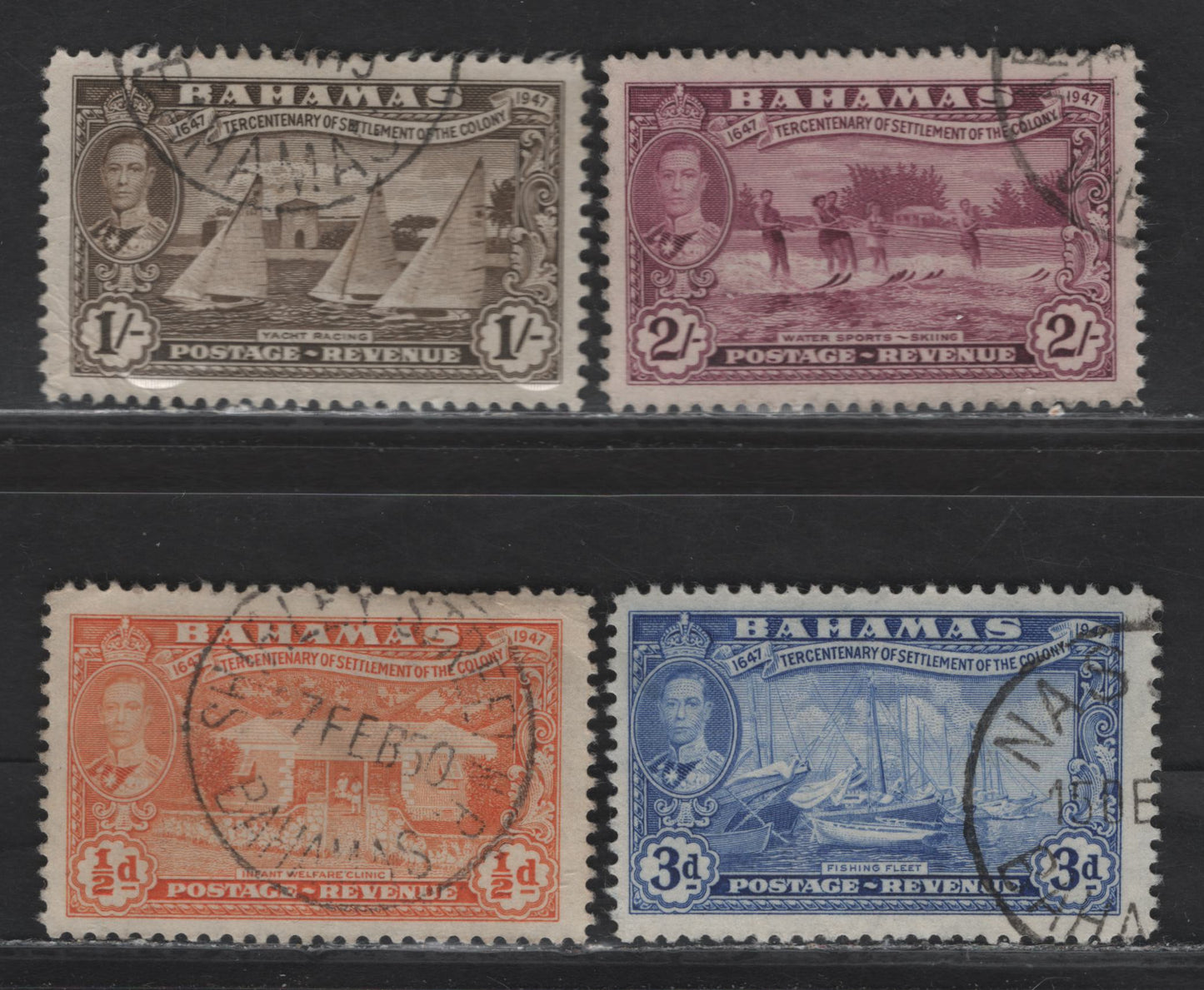 Lot 194 Bahamas (C) SG#178, 183, 188-189 1/2d - 2/- Orange - Magenta Elvetheran Settlement, 1948 Tercentary of Elvetheran Settlement Issue, 4 Fine/Very Fine Used Singles