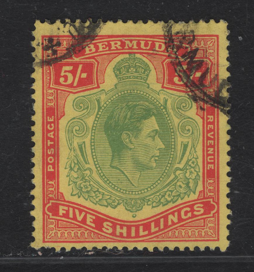 Lot 199 Bermuda (C) SG#118f 5/- Yellow Green & Red King George VI, 1938-1953 KGVI High Value Keyplate Issue, A Fine Used Single, Perf 13, Ordinary Paper