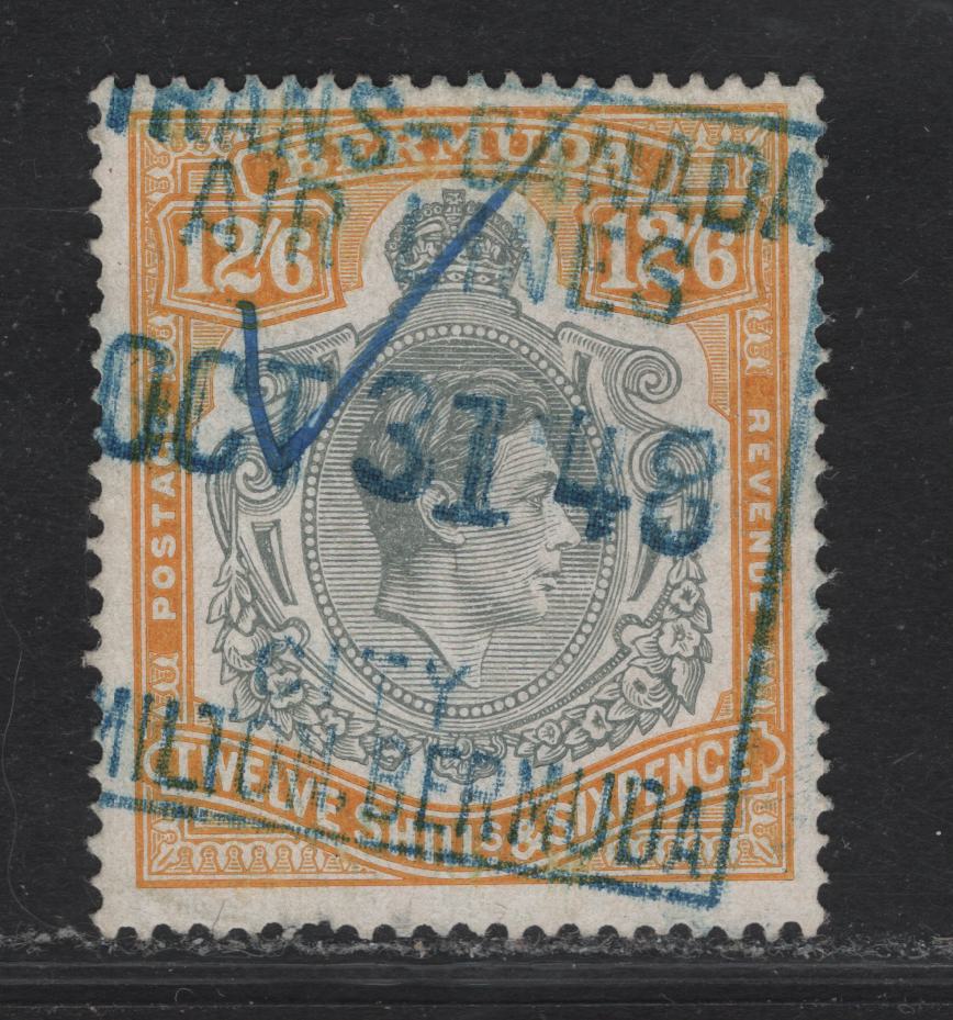 Lot 200 Bermuda (C) SG#120d 12/6 Gray & Yellow King George VI, 1938-1953 KGVI High Value Keyplate Issue, A Fine Used Single, Perf 14, 1947 Printing, Fiscal Cancel.