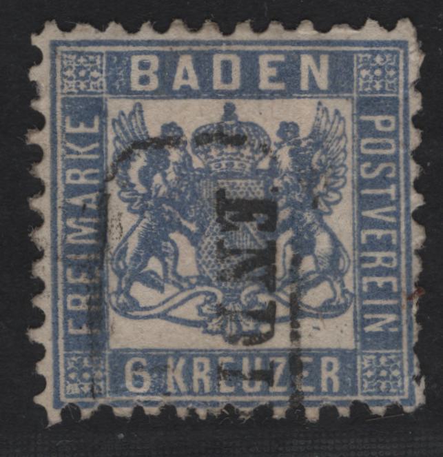 Lot 2 Germany - Baden SC#22 6kr Ultramarine Arms, 1862-1865 Arms Issue, A Fine Used Single, Perf 10
