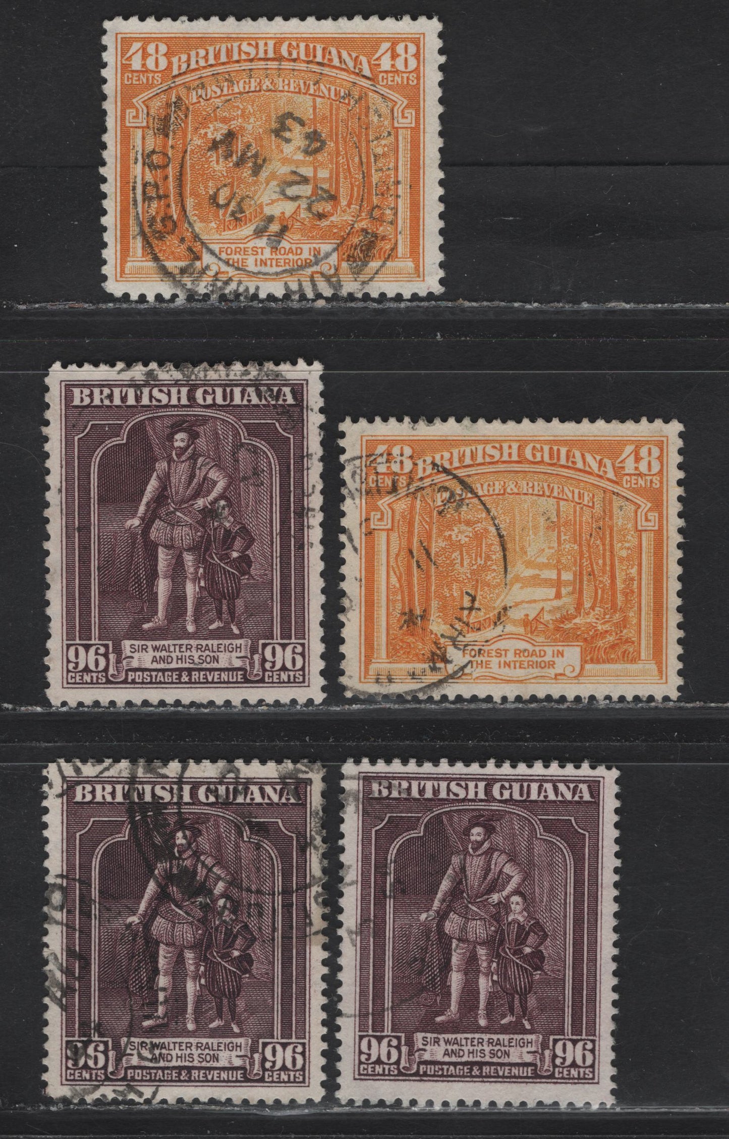 Lot 207 British Guiana (C) SG#314-a, 316-b 48c - 96c Orange Yellow - Purple King George VI, 1938-1952 KGVI Pictorial Definitives, 5 Very Fine Used Singles, 48c is perf 12.5 & 14x13, 96c Is Perf 12.5, 12.5x13.5 and 13x14