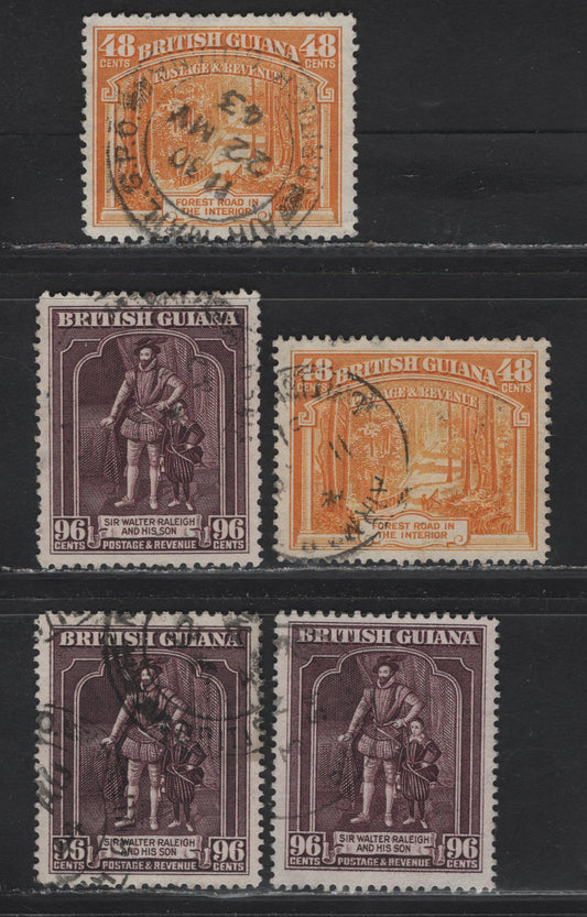 Lot 207 British Guiana (C) SG#314-a, 316-b 48c - 96c Orange Yellow - Purple King George VI, 1938-1952 KGVI Pictorial Definitives, 5 Very Fine Used Singles, 48c is perf 12.5 & 14x13, 96c Is Perf 12.5, 12.5x13.5 and 13x14