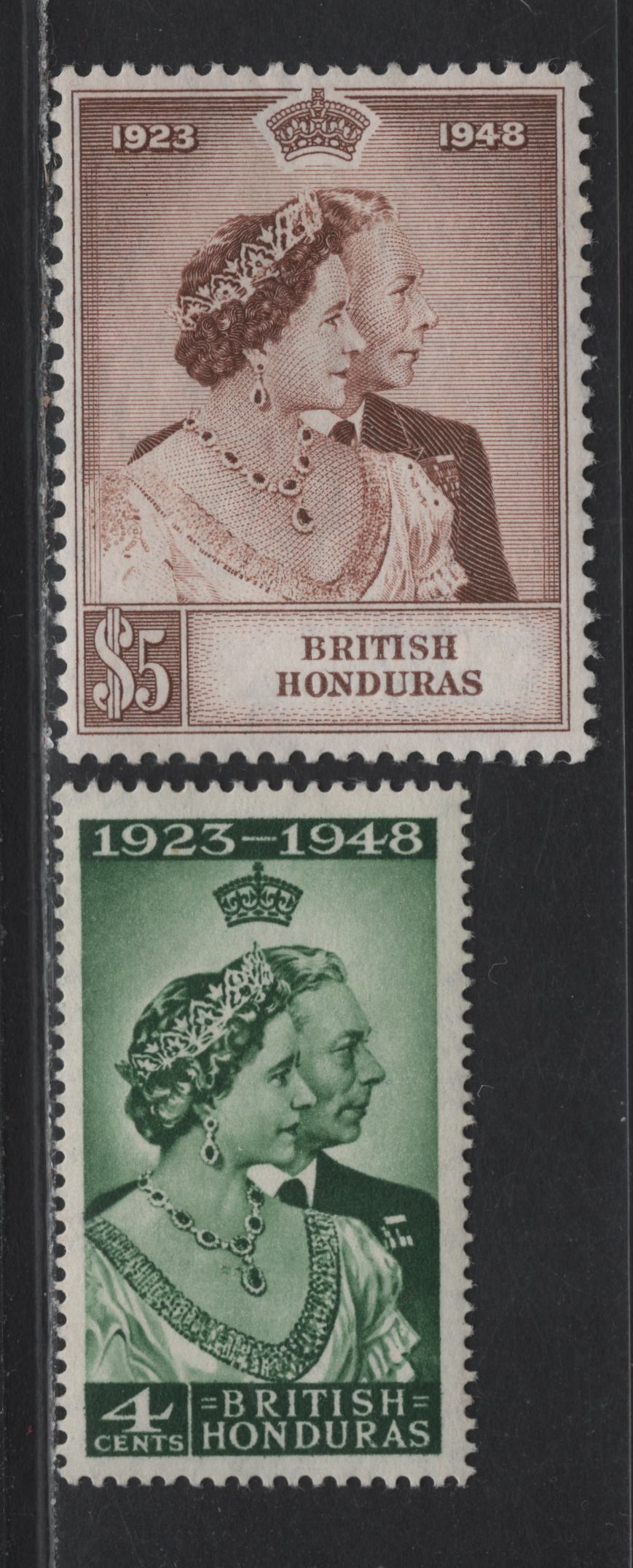 Lot 214 British Honduras (C) SG#164-165 4c - $5 Green - Brown King George VI & Queen Elizabeth, 1948 Royal Silver Wedding Issue, 2 VFOG/NH Singles