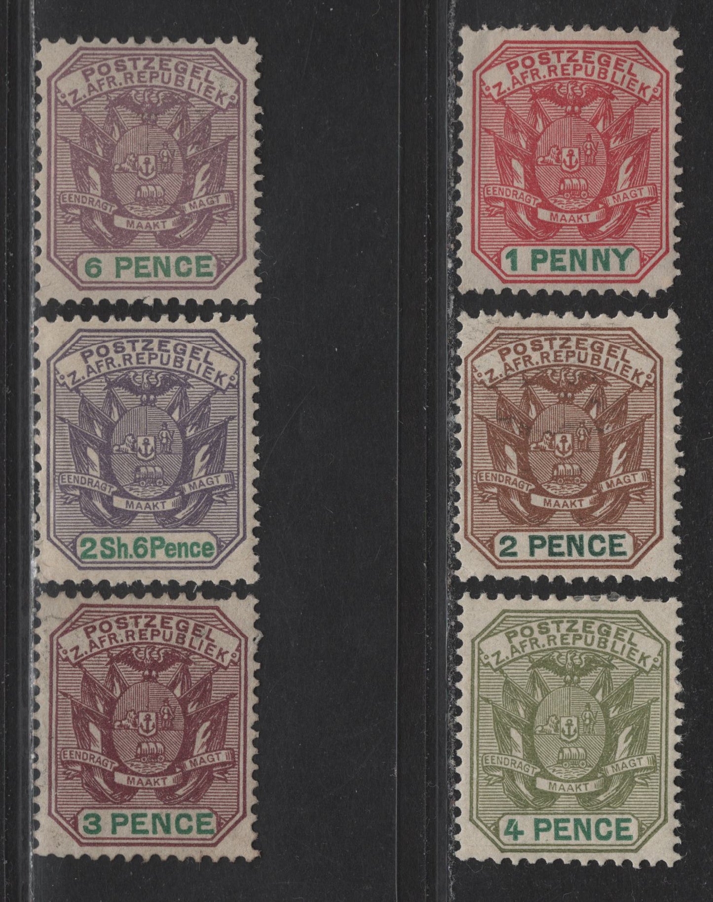 Lot 218 Transvaal (C) SG#217-218, 220-222, 224 1d - 2/6 Rose Red & Green - Dull Violet & Green Wagon, 1896-1897 Wagon With Pole Bicolored Issue, 6 VG/F/VFOG Singles, 2d Has A Diagonal Crease, Original Printings, Perf 12.5.