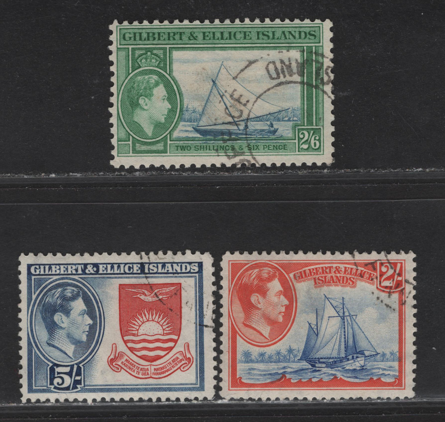 Lot 223 Gilbert & Ellice Islands (C) SG#52-54 2/- - 5/- Deep Ultramarine & Orange Red - Deep Rose Red & Royal Blue King George VI, 1939-1955 KGVI Pictorial Issue, 3 Fine/Very Fine Used Singles