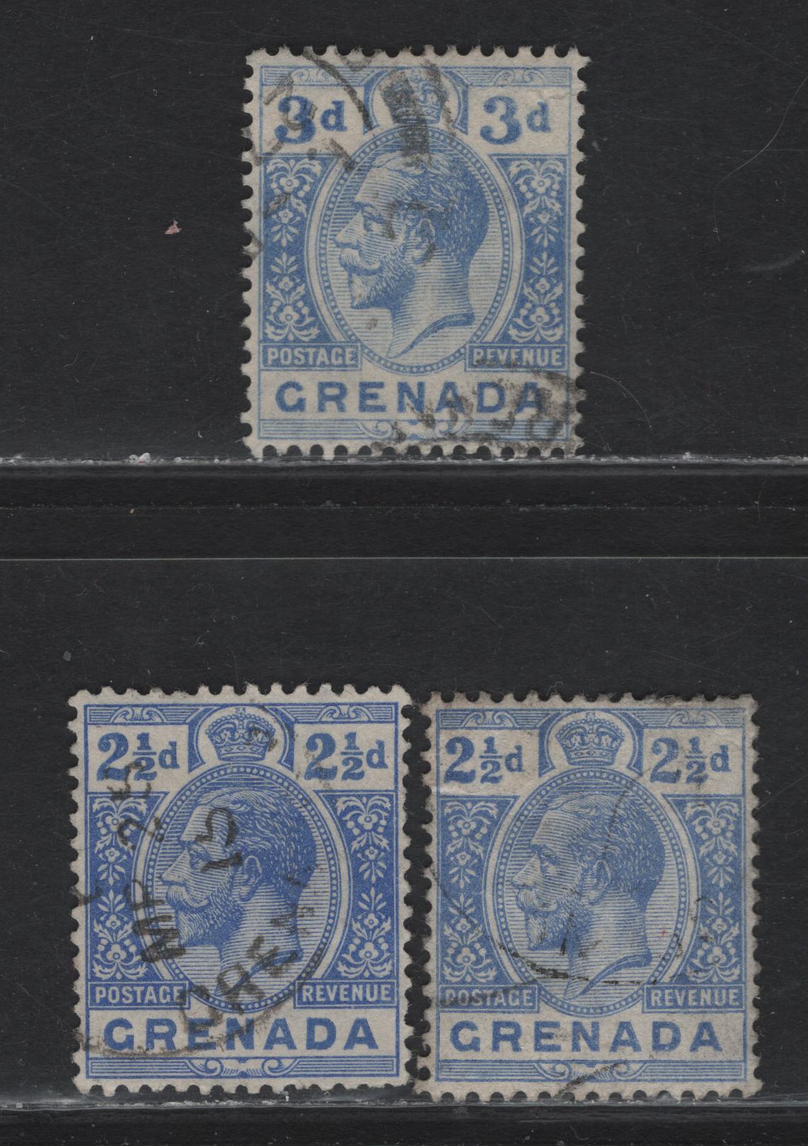 Lot 225 Grenada (C) SG#2.5d - 3d 2.5d - 3d Bright & Dull Blue - Bright Blue King George V, 1913-1931 KGV Keyplates Issue, 3 F/VFOG/NH Singles, Multiple Crown CA & Multiple Script CA Wmks