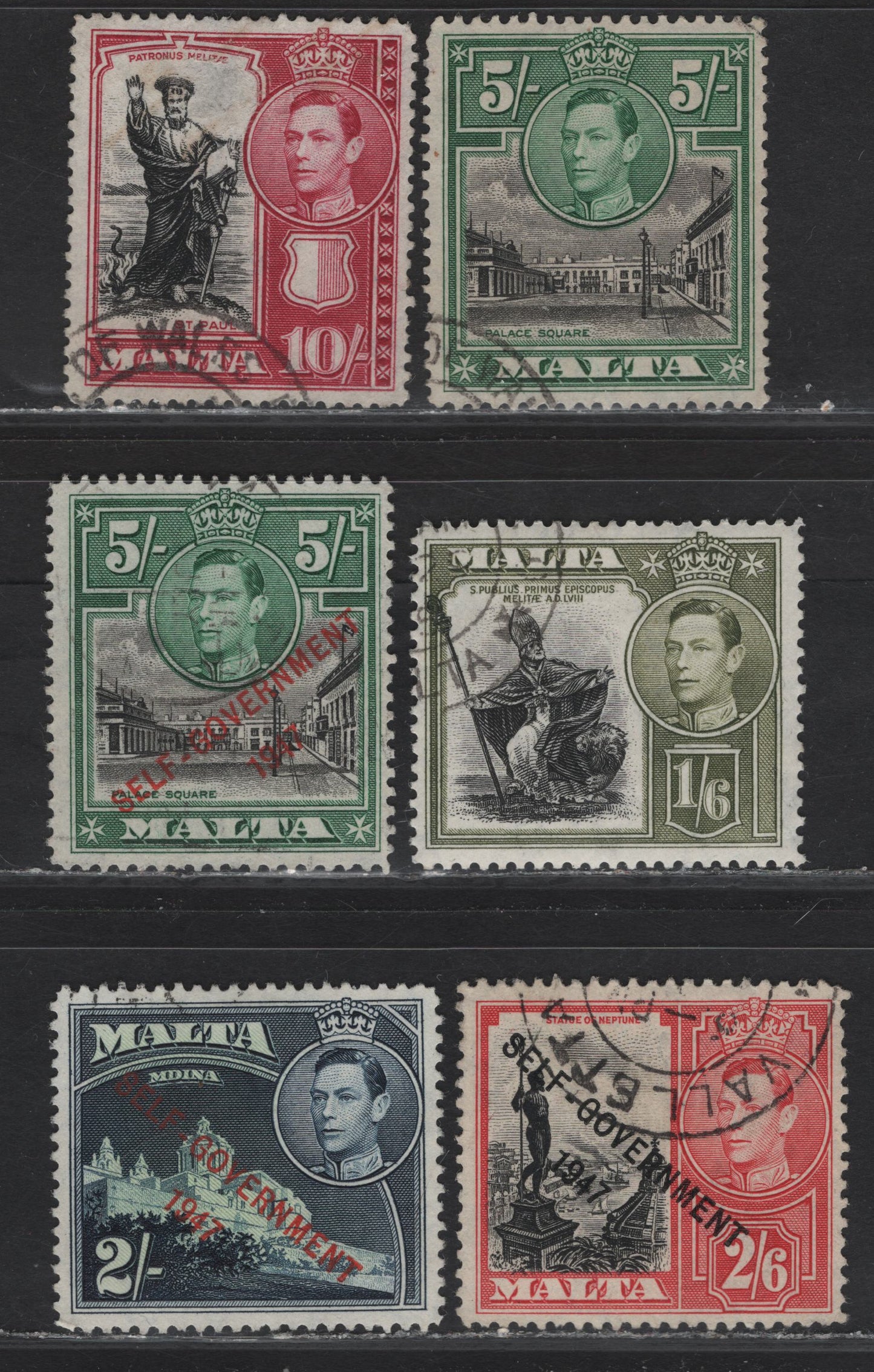 Lot 240 Malta (C) SG#227, 230, 231, 245-247 1/6 - 10/- Black & Olive Green - Black & Carmine King George VI, 1938-1953 KGVI Definitive Issues, 6 Fine/Very Fine Used Singles