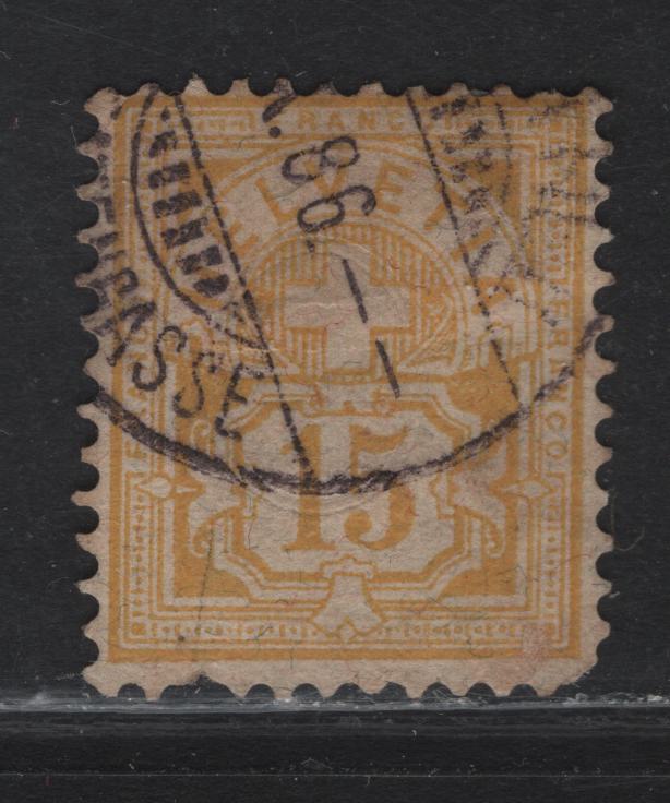 Lot 24 Switzerland SC#75 15c Yellow Numeral, 1882-1899 Numeral Issue, A Fair Used Single, Granite Paper, Pulled Perf, Round Corner & Light Wrinkle.