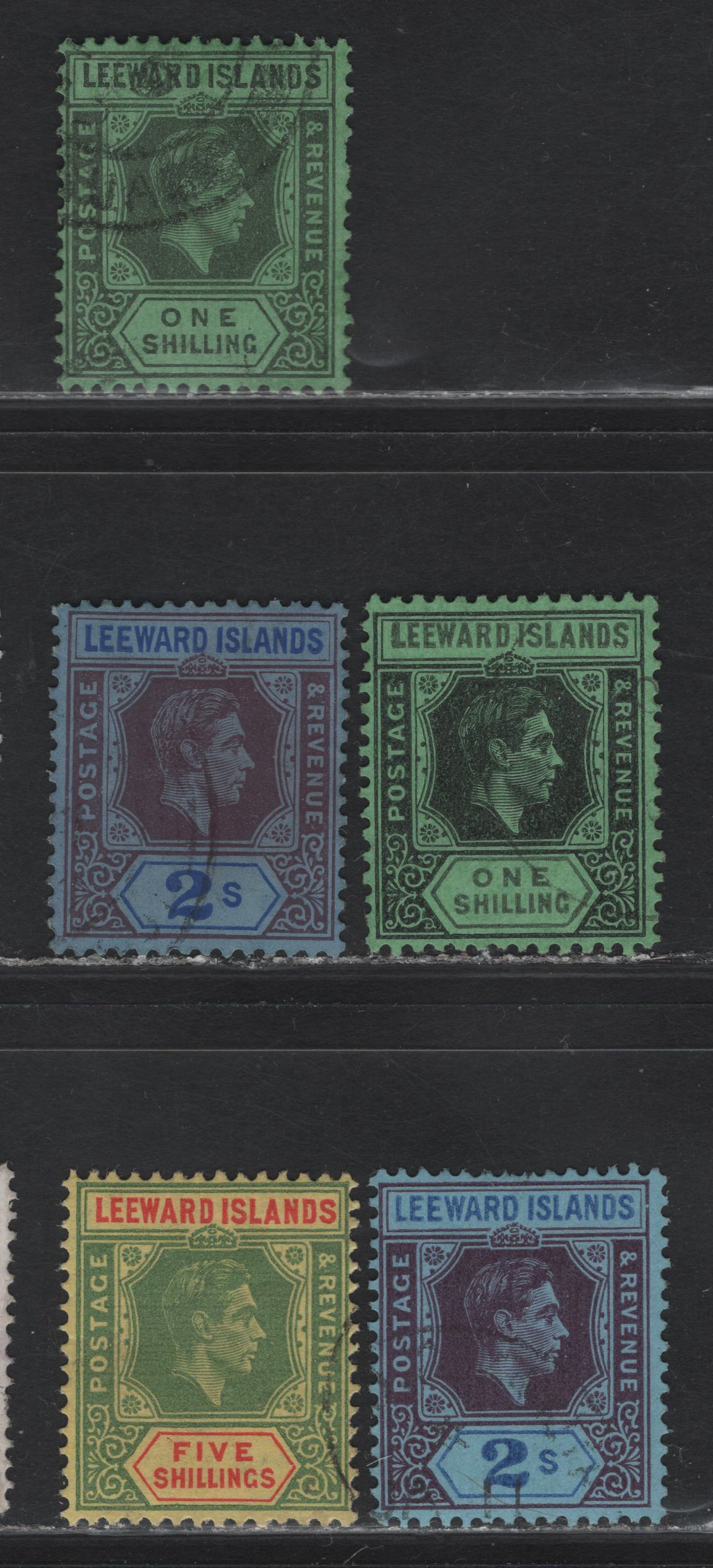 Lot 251 Leeward islands (C) SG#110ba, 110bb, 111, 111ab, 112b 1/- - 5/- Gray & Black on Emerald - Green & Red on Yellow King George VI, 1938-1951 KGVI Imperium Keyplates Issue, 5 Fine/Very Fine Used Singles, Emerald, Blue & Yellow Ordinary Papers