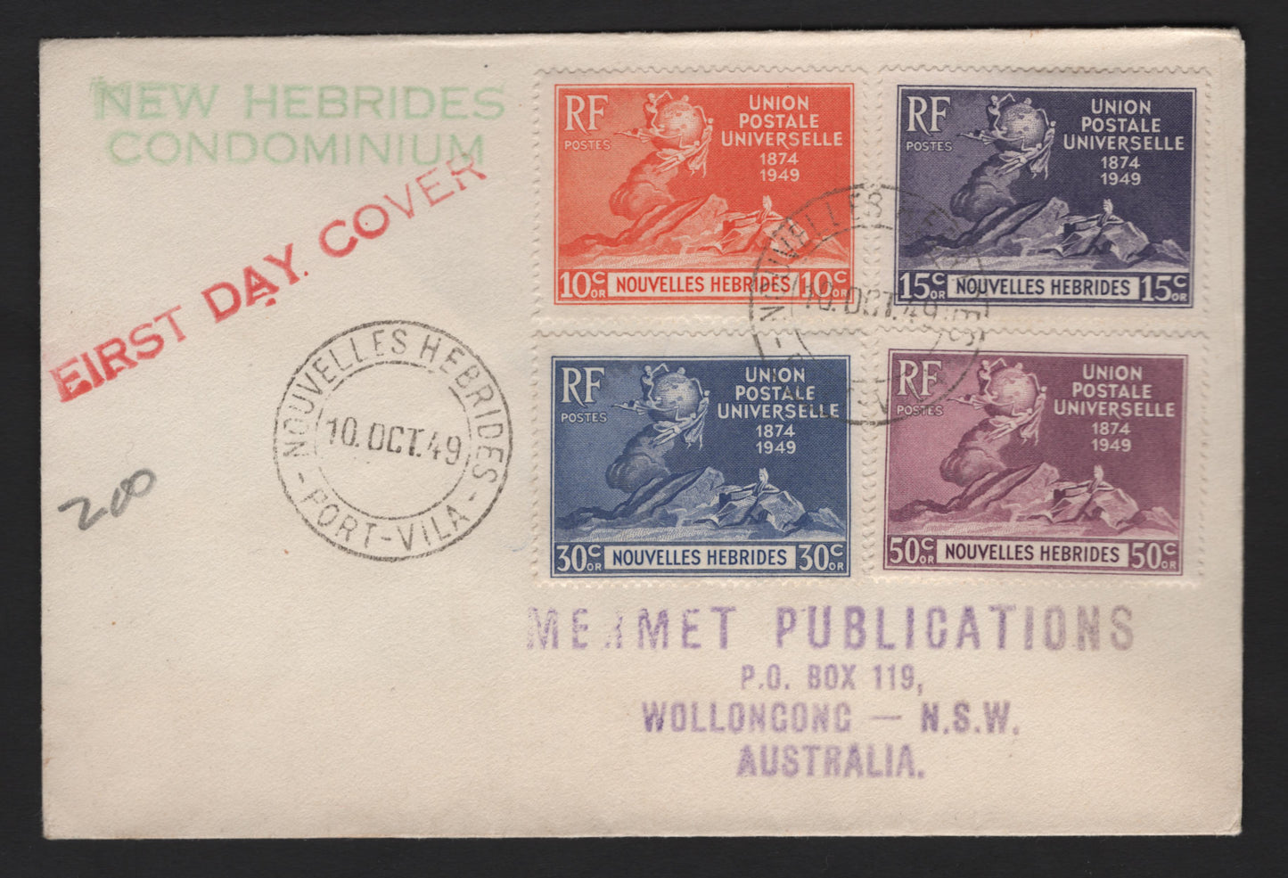 Lot 257 New Hebrides - French Admin (C) SG#F77-F80 10c - 50c Orange - Purple UPU, 1949 UPU Issue, A Very Fine Used Cover