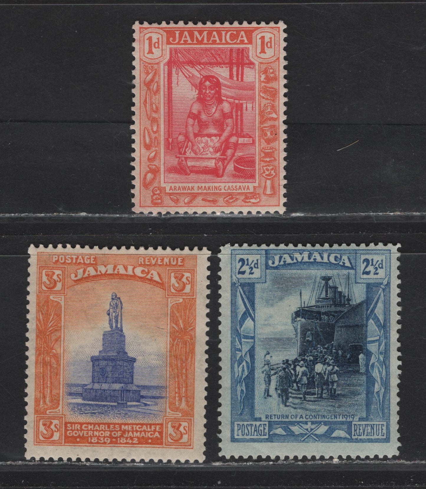 Jamaica (C) SG#79, 82, 87 1d - 3/- Carmine & Orange - Violet Blue & Orange Pictorial, 1919-1921 Pictorial Definitive Issue, 3 F/VFOG Singles, Multiple Crown CA Wmk