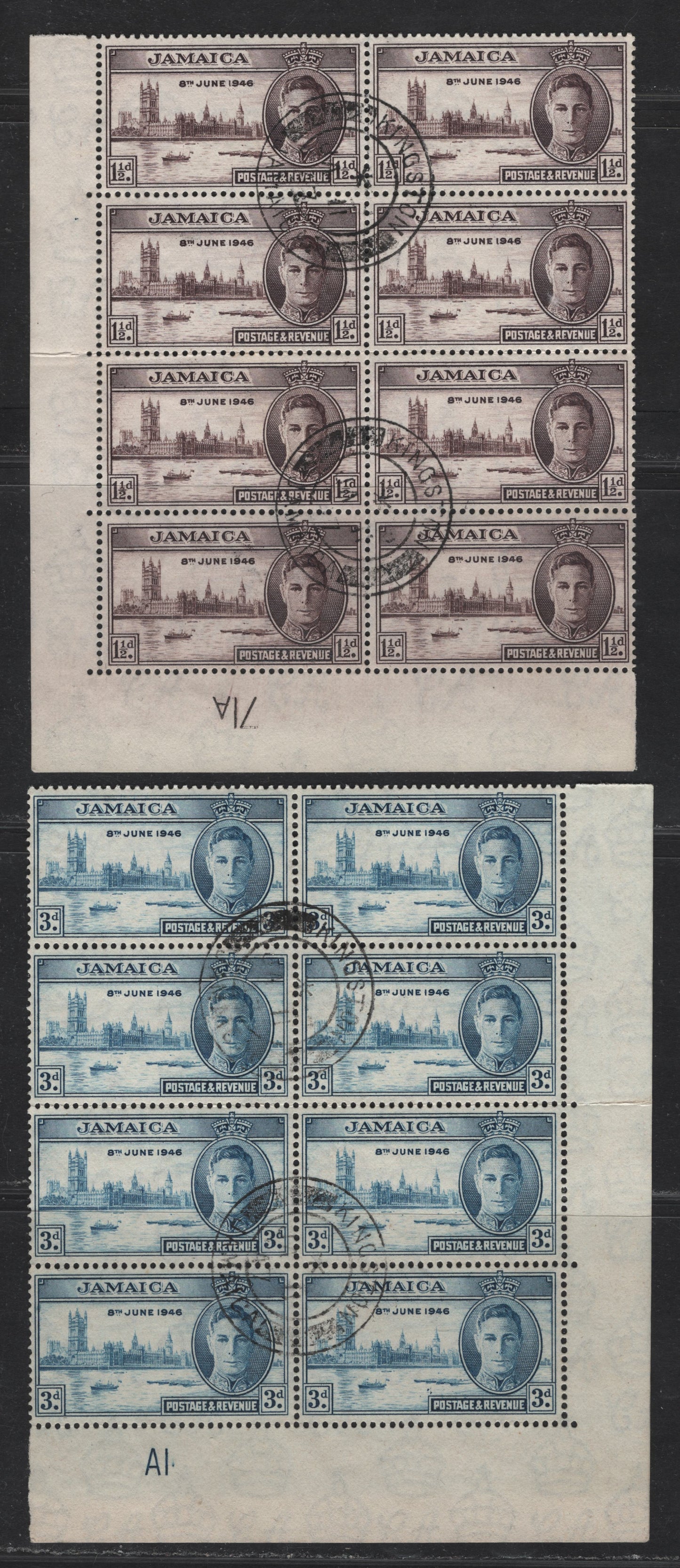 Lot 263 Jamaica (C) SG#141-142 1.5d - 3d Purple Brown & Blue Victory, 1946 Victory Issue, 2 Very Fine Used Plate Blocks Of 8, Perf 14