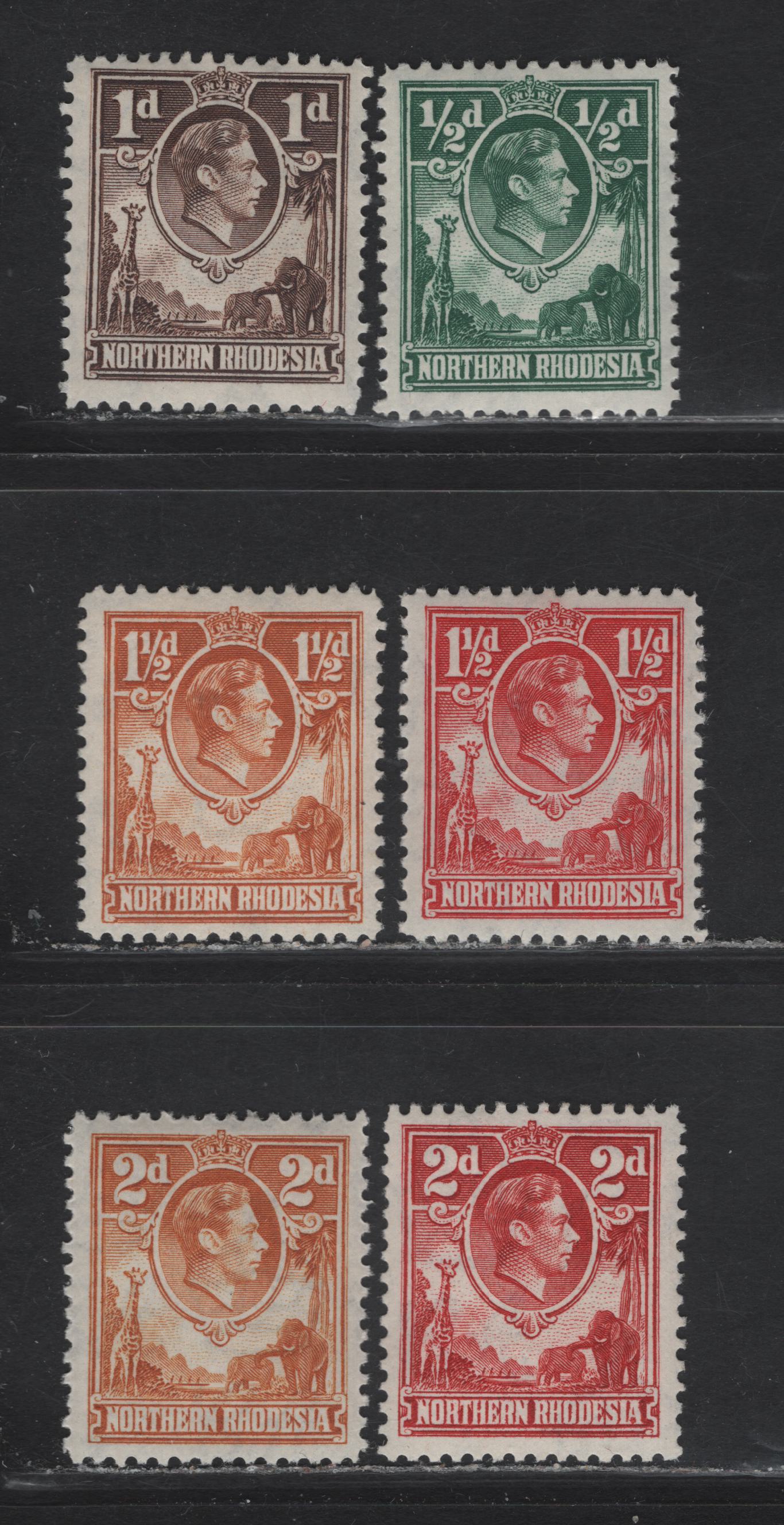 Lot 270 Northern Rhodesia (C) SG#25, 27, 29, 30, 32 1/2d - 2d Green - Carmine Red River Scene, 1938-1952 KGVI River Scene Issue, 5 F/VFOG Singles, 1938 & 1941 Printings