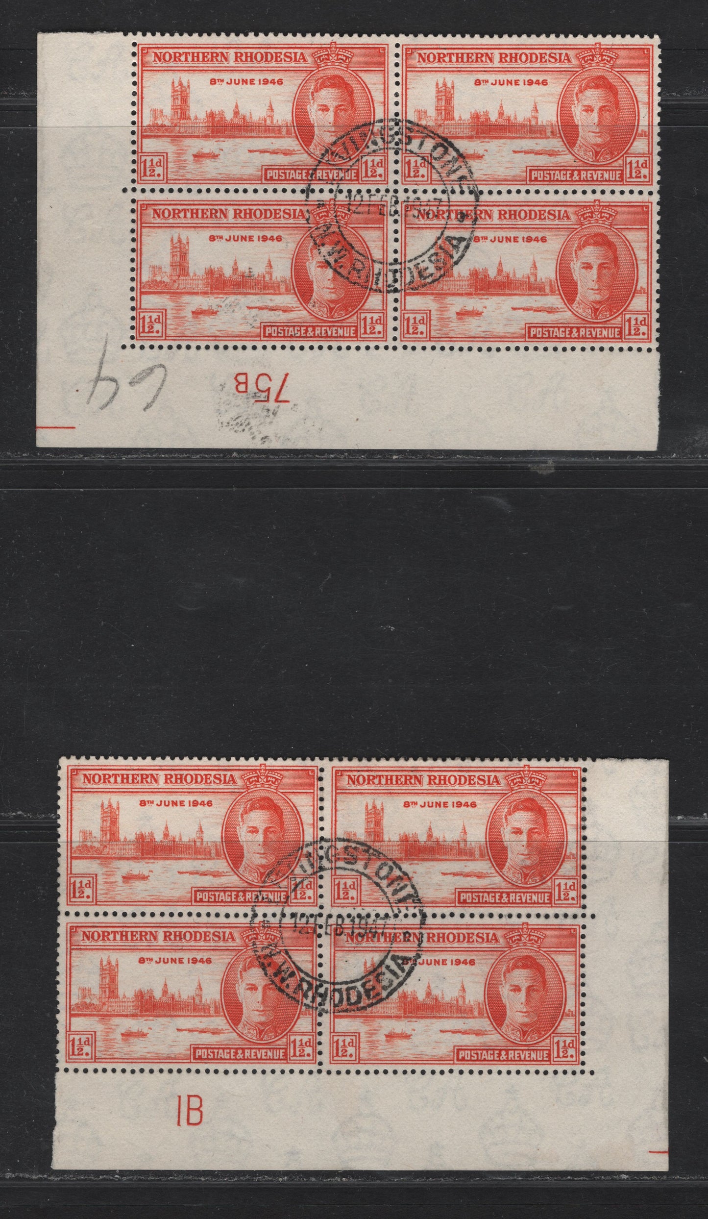 Lot 272 Northern Rhodesia (C) SG#46a 1.5d Red Orange Victory, 1946 Victory Issue, A Fine/Very Fine Used Blocks of 4, Plate 1B & 75B, 1947 Livingstone CDS Cancels