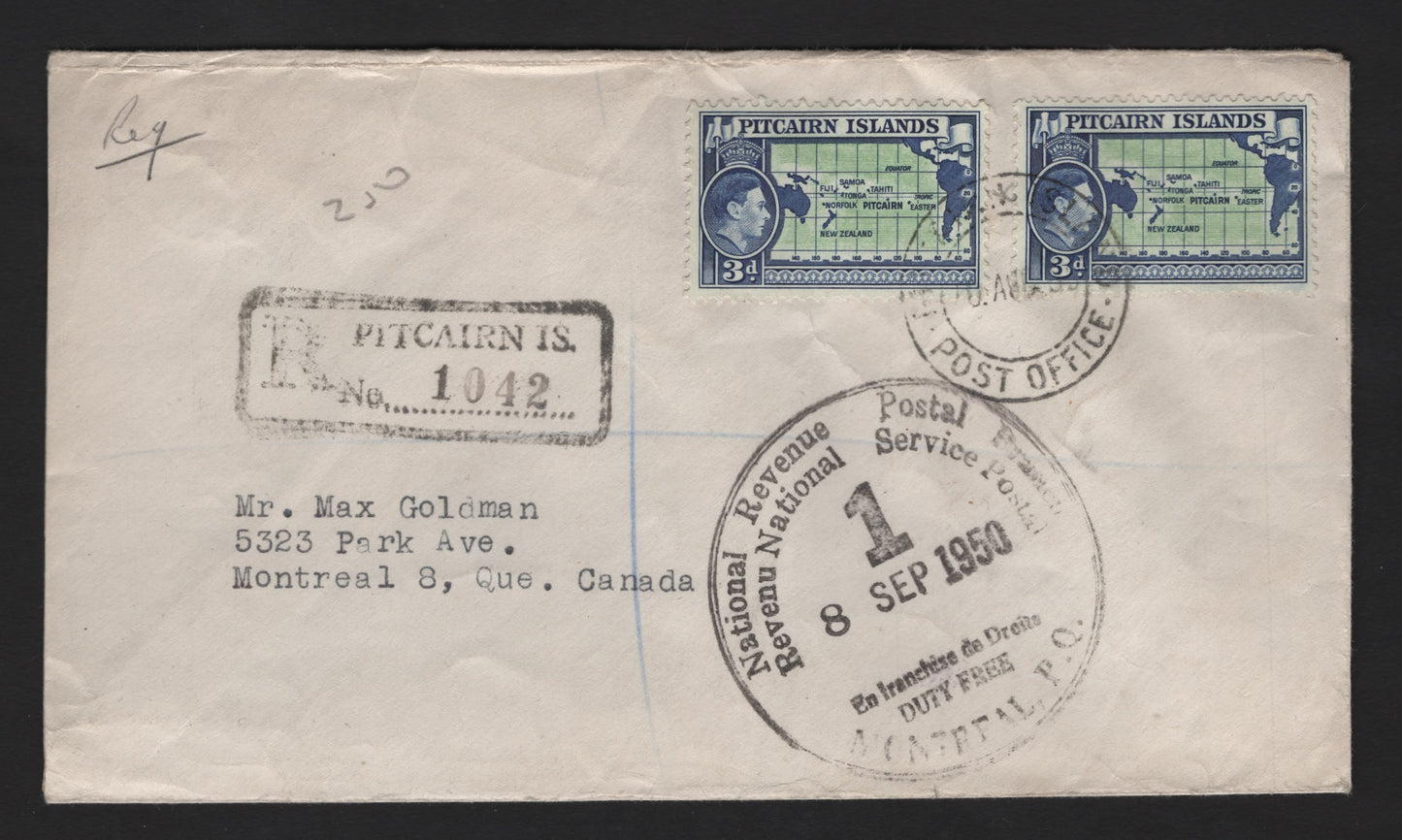 Lot 274 Pitcairn Islands (C) SG#5 3d Yellow Green & Blue King George VI, 1940-1951 KGVI Definitive Issues, A Very Fine Used Cover, Registered Cover To Montreal, Sent August 10 1950, Franked With 2 Singles.