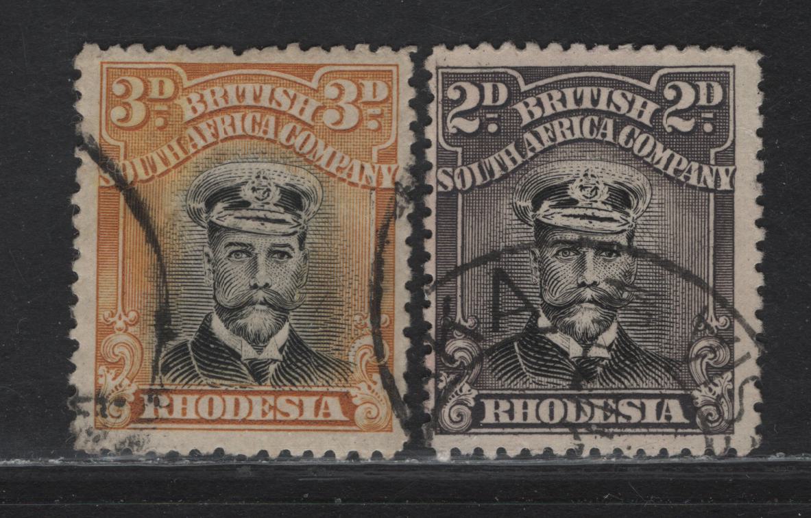 Lot 278 Rhodesia (C) SG#260, 292 2d - 4d Black & Slate Purple - Black & Ochre Admiral, 1913-1919 Admiral Issue, 2 Fine Used Singles, Die 3, Cream & White Paper