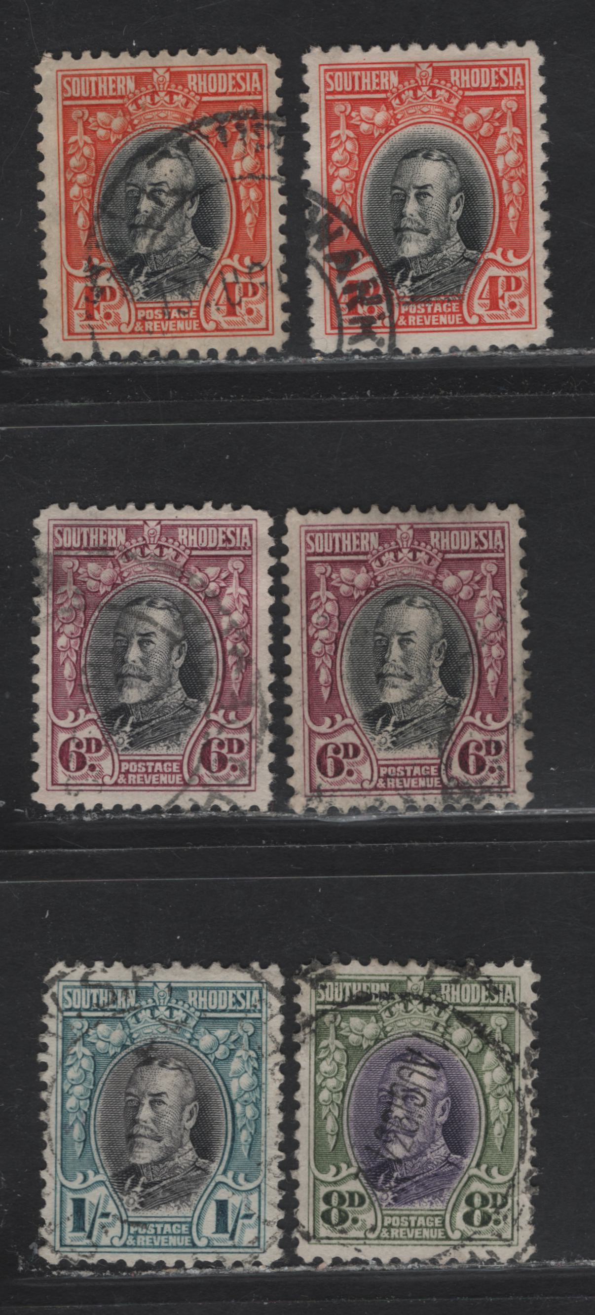 Lot 279 Southern Rhodesia (C) SG#19-20, 21a, 21, 23 4d - 1/- Black & Orange - Black & Greenish Blue King George V, 1931-1937 KGV Engraved Definitives, 6 Very Fine Used Singles, Line Perf 12 & Comb Perf 11.5 (6d), Includes 2 Shades Of 4d