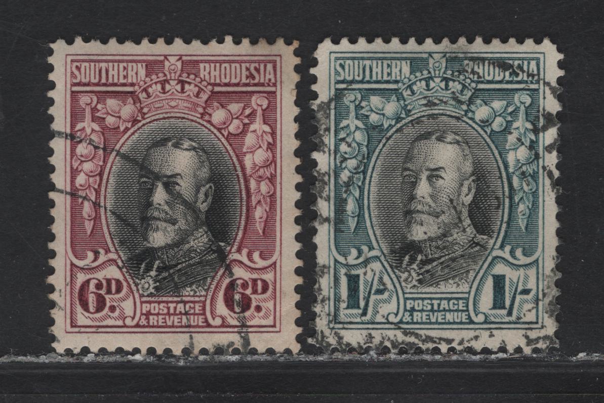 Southern Rhodesia (C) SG#20b, 23b 6d - 1/- Black & Magenta - Black & Greenish Blue King George V, 1931-1937 KGV Engraved Portrait Definitives, 2 Very Fine Used Singles, Perf 14