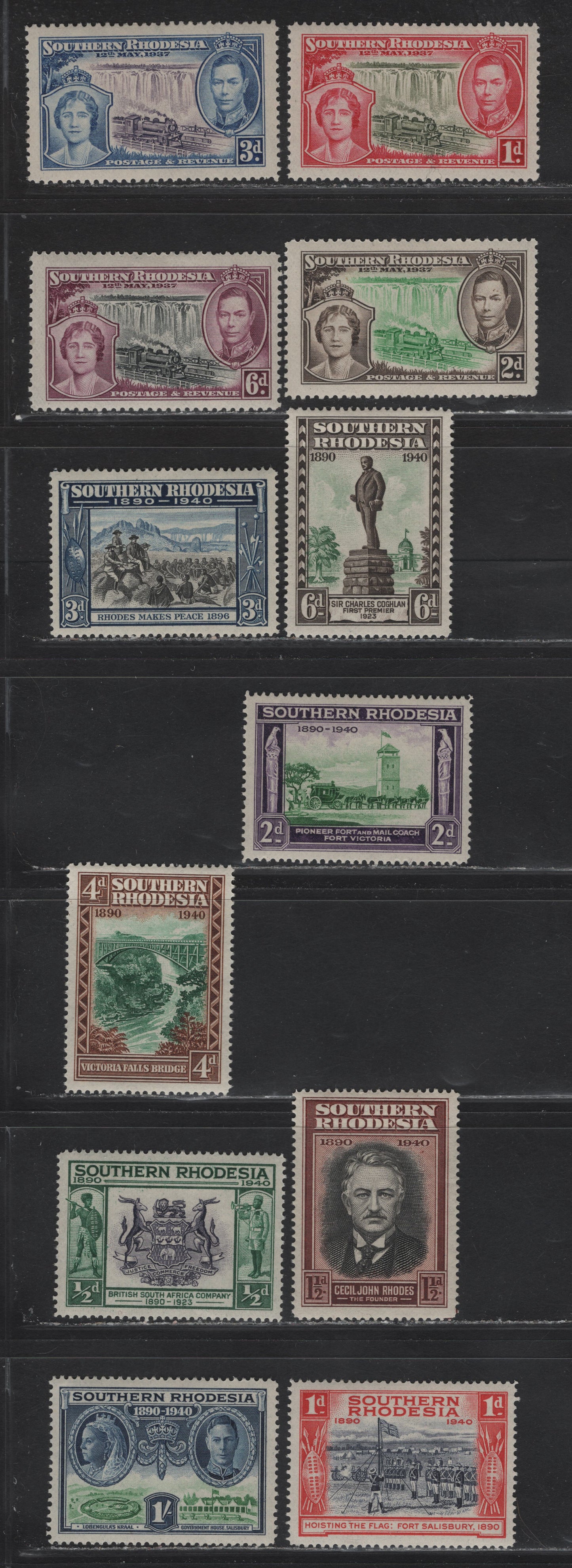 Lot 282 Southern Rhodesia (C) SG#36-39, 53-60 1d - 1/- Olive & Rose Carmine -Blue & Green Coronation - Golden Jubilee, 1937-1940 Coronation - Golden Jubilee Issues, 12 VFOG Singles