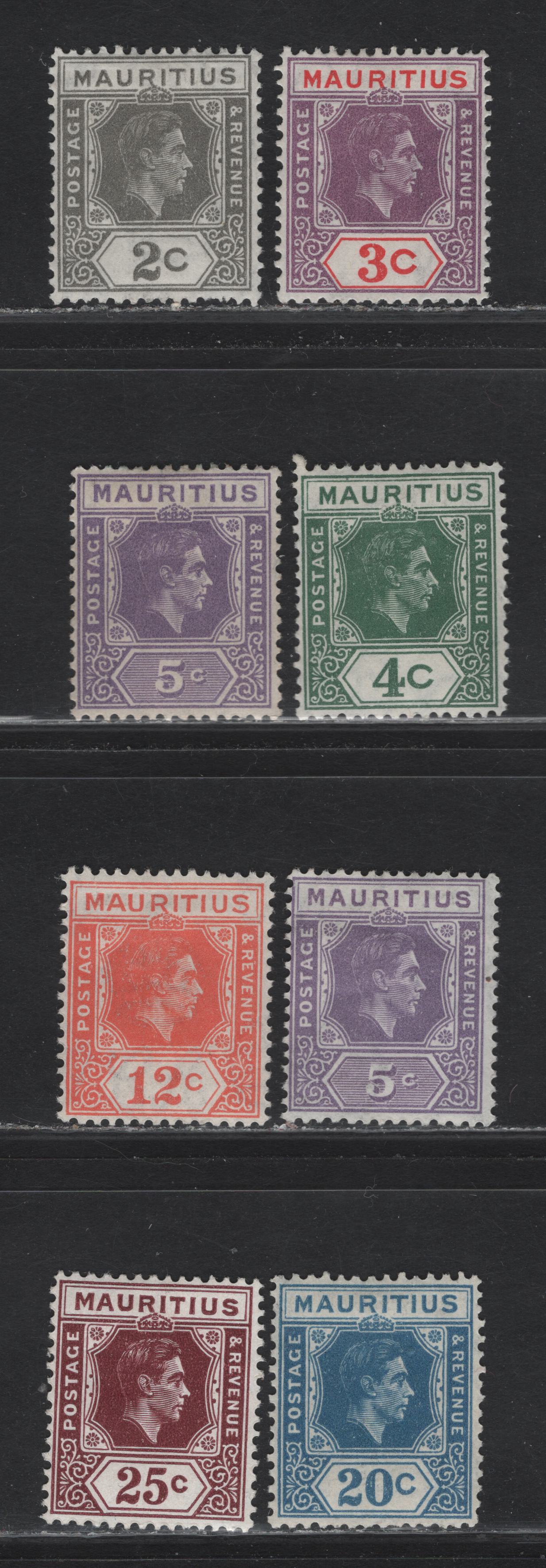 Lot 283 Mauritius (C) SG#252-253, 254b, 255-a, 257-258, 259b 2c - 25c Olive Gray - Brown Purple King George VI, 1938-1949 KGVI Imperium Keyplate Issue, 8 F/VFOG Singles, 1938 & 1943 Printings, 25c On Ordinary Paper