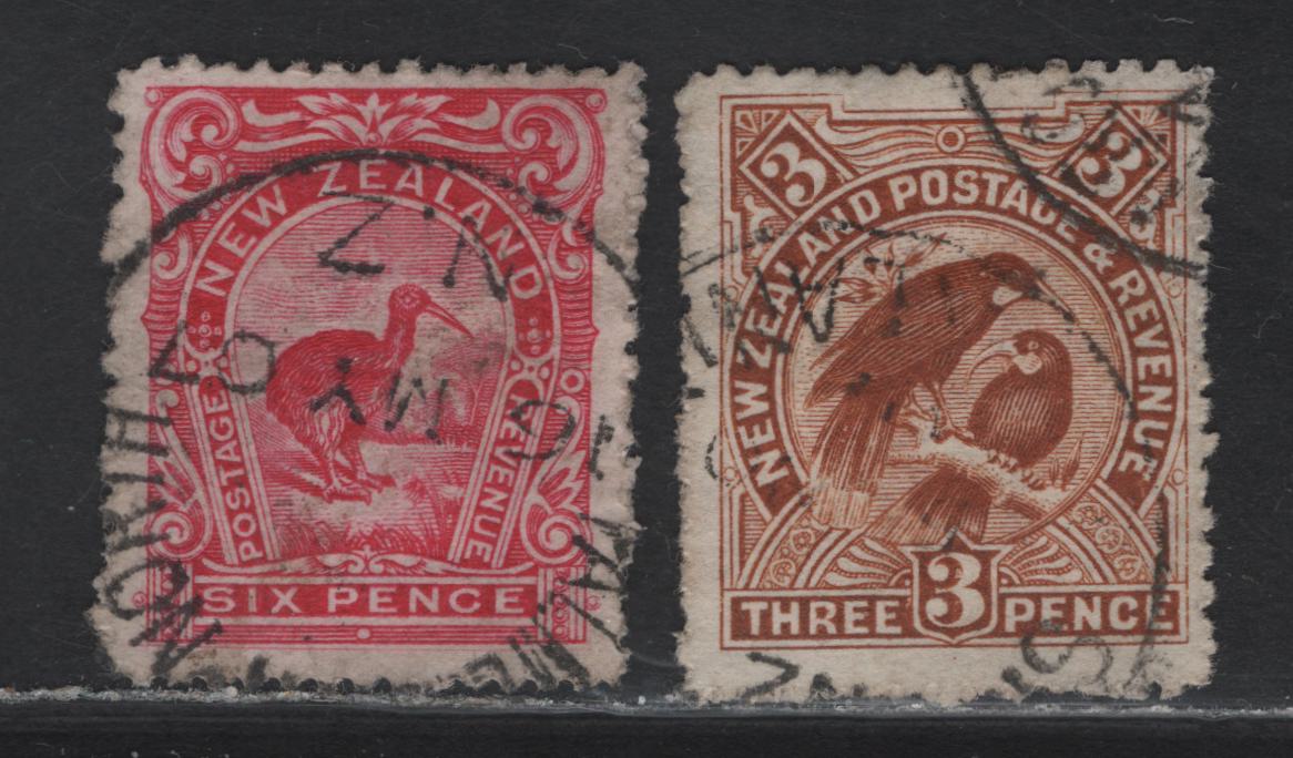 Lot 285 New Zealand (C) SG#375-376 3d - 6d Brown - Carmine Pink Kea & Kaka - Brown Kiwi, 1907-1908 Reduced Size Pictorial Issue, 2 Very Fine Used Singles, Perf 14