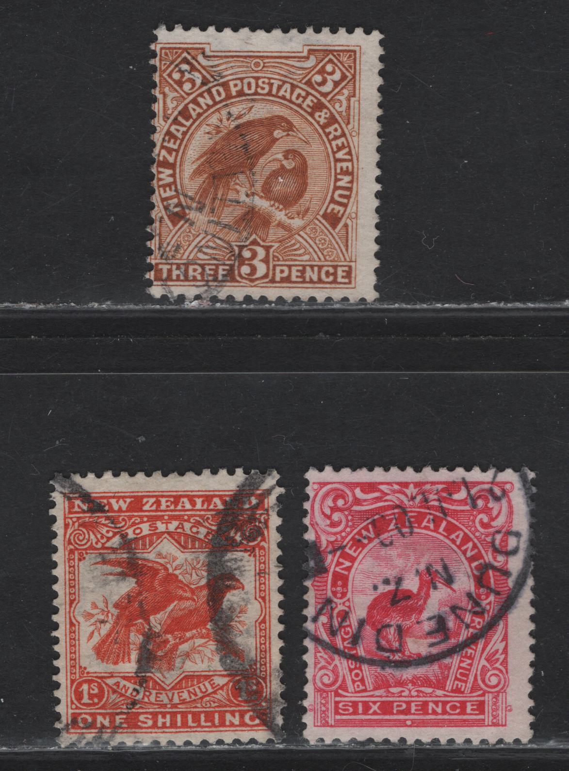 Lot 286 New Zealand SG#383-385 3d - 1/- Brown - Orange Red Hula - Kea & Kaka, 1907-1908 Reduced Size Pictorial Issue, 3 Fine Used Singles, Perf 14x15