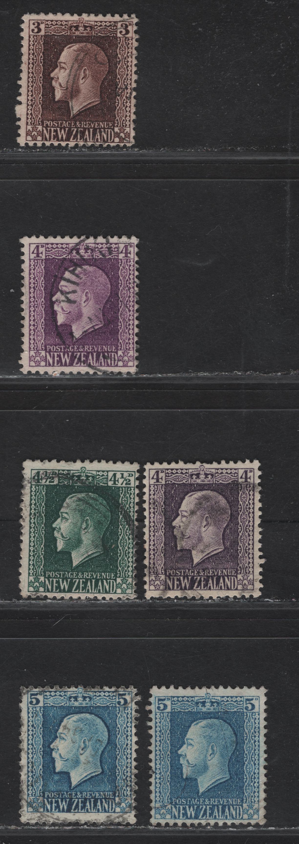Lot 292 New Zealand (C) SG#420b, 422e, 422h, 424c, 424da, 423a 3d - 5d Chocolate - Pale Ultramarine King George V, 1915-1930 KGV Sideface Issue, 6 Fine Used Singles, Perf 14x14.5, Perkins Bacon