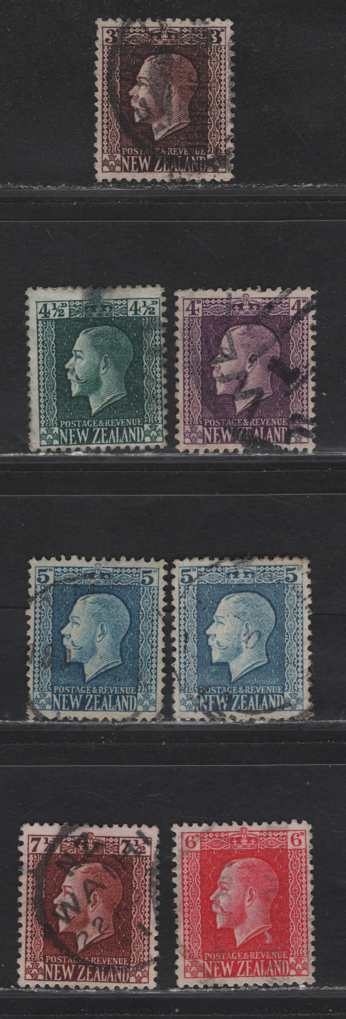 Lot 296 New Zealand (C) SG#420, 422-424, 424d, 425-426 3d - 7.5d Chocolate - Red Brown King George V, 1915-1930 KGV Sideface Issue, 7 Fine/Very Fine Used Singles, Perf 14x13.5