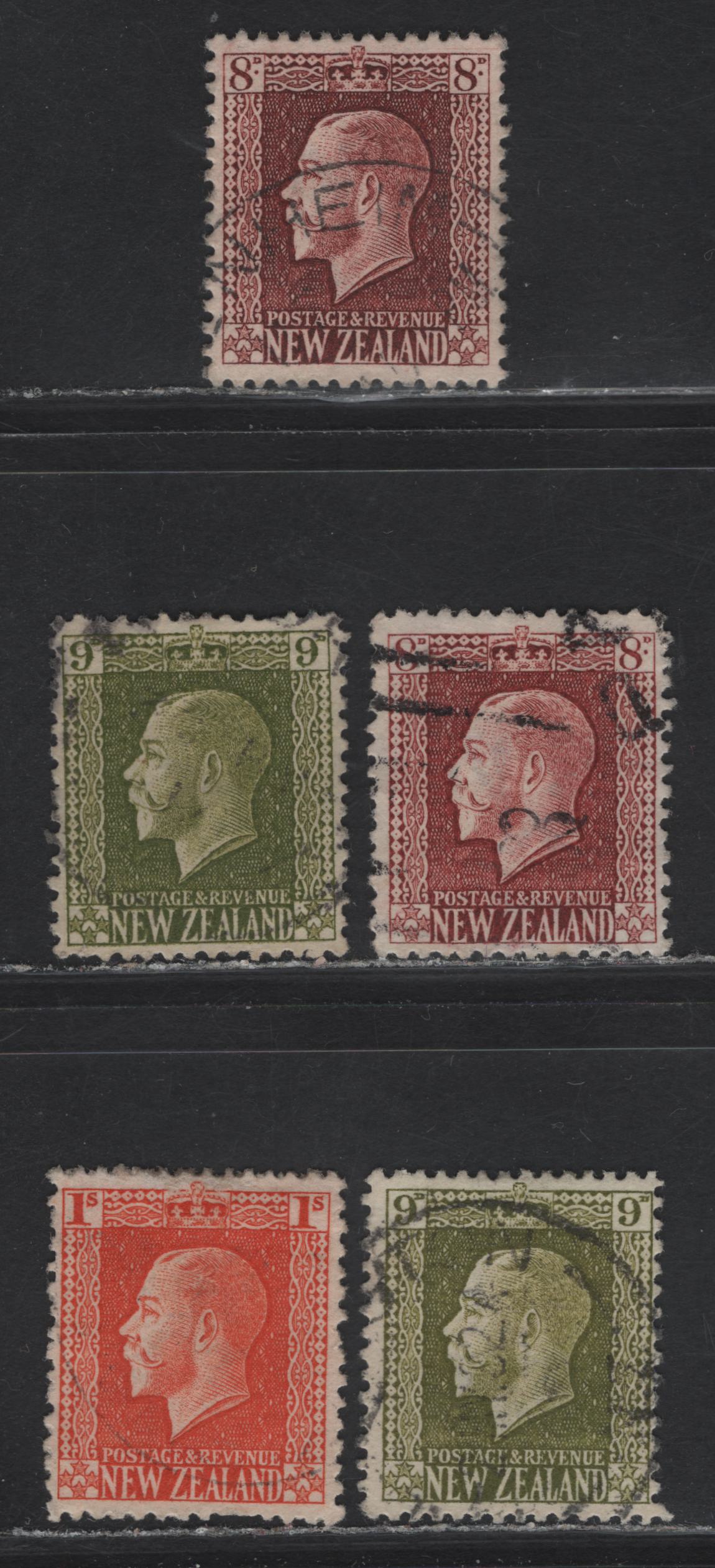 Lot 298 New Zealand SG#428-429, 429c, 430 8d - 1/- Red Brown - Pale Orange Red King George V, 1915-1930 KGV Sideface Issue, 5 Fine/Very Fine Used Singles, Perf 14x13.5