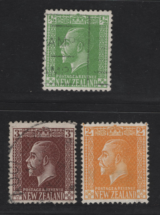 Lot 301 New Zealand (C) SG#441-443 1/2d - 3d Green - Deep Chocolate King George V, 1915-1933 King George V Keyplates Issue, 3 Fine/Very Fine Used Singles, Jones Paper, The Cancel On The 2d Is Indistinct