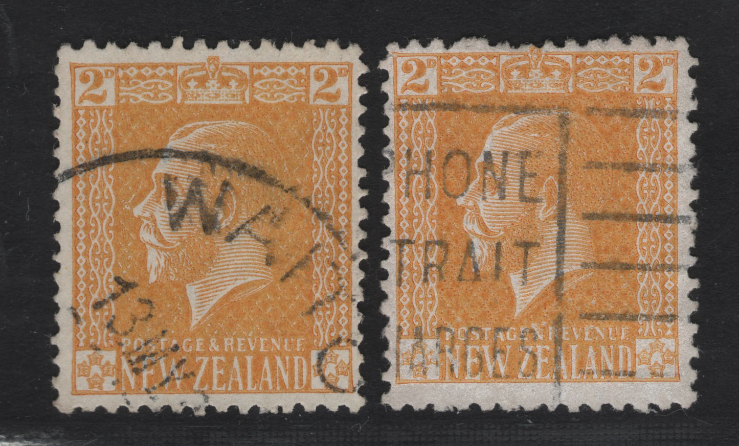 Lot 304 New Zealand (C) SG#451, 451b 2d Yellow King George V, 1915-1933 King George V Keyplates Issue, 2 Fine Used Singles, Wiggins Teape Paper, Perfs 14 & 14x15, Small Thin On 14x15.