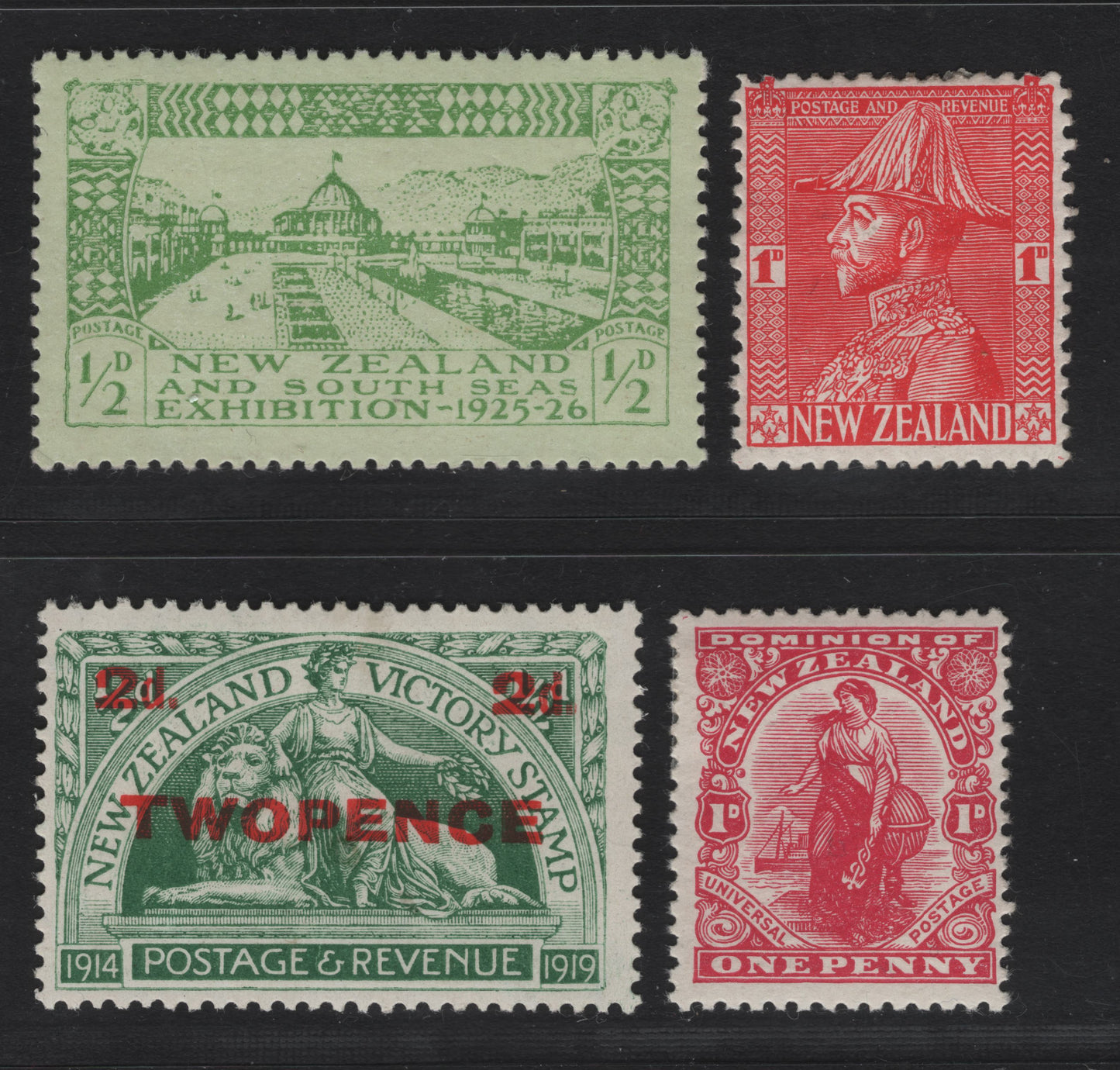Lot 305 New Zealand (C) SG#410, 459, 463, 468 1d - 2d on 1/2d Rose Carmine - Green Surcharges - King George V, 1922-1926 Surcharges - KGV Field Marshal Definitive Issue, 4 F/VFOG Singles, The 1d Is On Cowan Paper