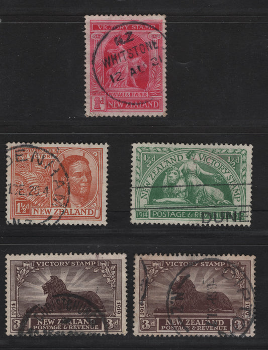 Lot 306 New Zealand (C) SG#453-456 1/2d - 3d Green - Chocolate Victory, 1920 Victory Issue, 5 Fine/Very Fine Used Singles, Two Shades Of 3d