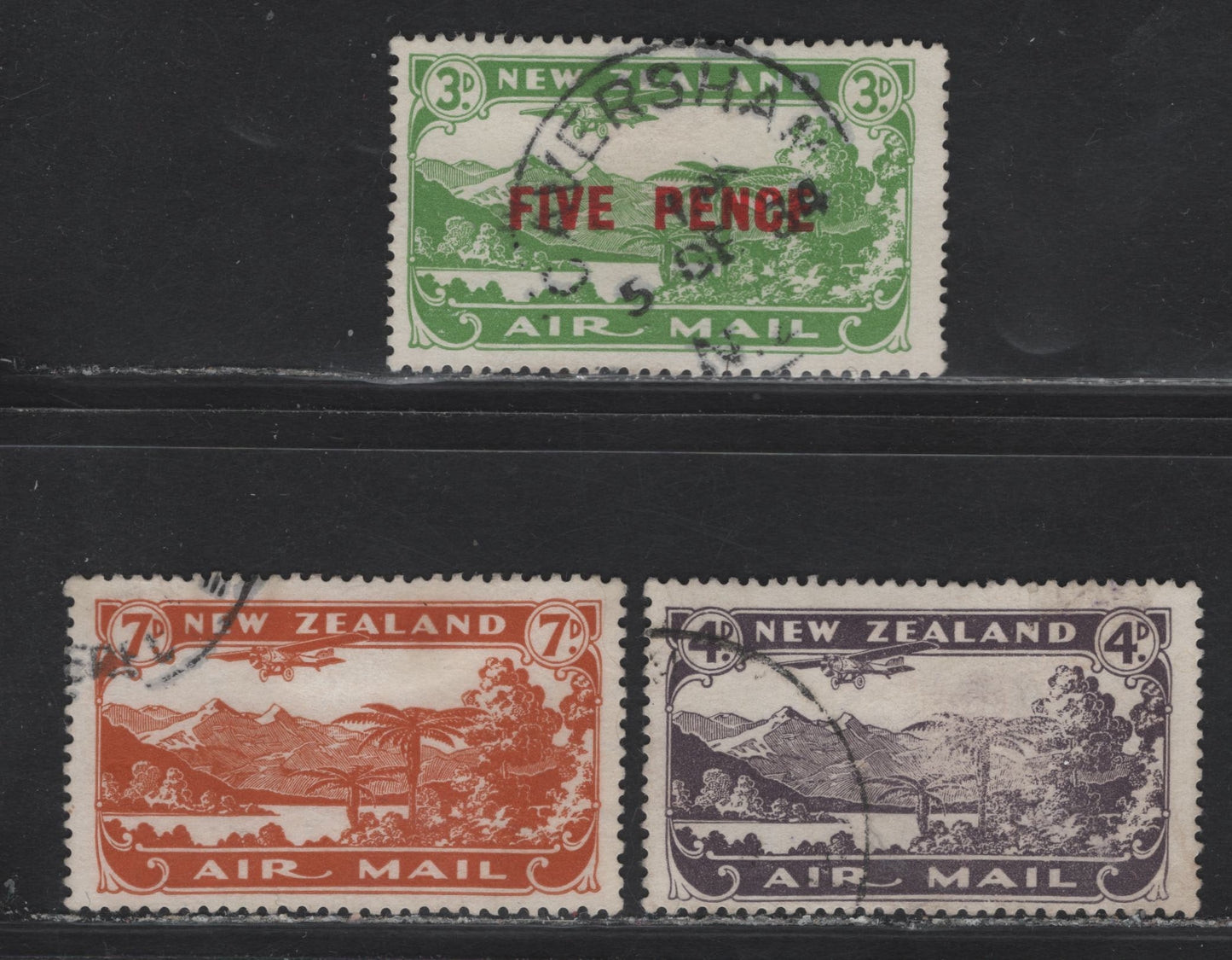Lot 312 New Zealand (C) SG#549-551 4d - 5d on 3d Blackish Purple - Green New Zealand Lake Scenery, 1931-1935 Airmail Issue, 3 Fine/Very Fine Used Singles