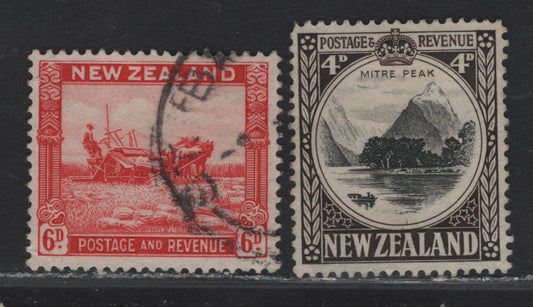 Lot 315 New Zealand (C) SG#562, 564 4d - 6d Black & Sepia - Scarlet Mitre Peak - Harvesting, 1935-1936 Pictorial Issue, 2 Very Fine Used Singles, Single Star & NZ Wmk