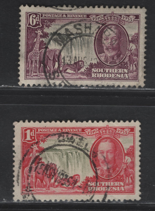 Lot 31B Southern Rhodesia SG#31, 34 1c - 6c Olive & Rose Carmine - Black & Purple King George V, 1935 Silver Jubilee Issue, 2 Fine/Very Fine Used Singles
